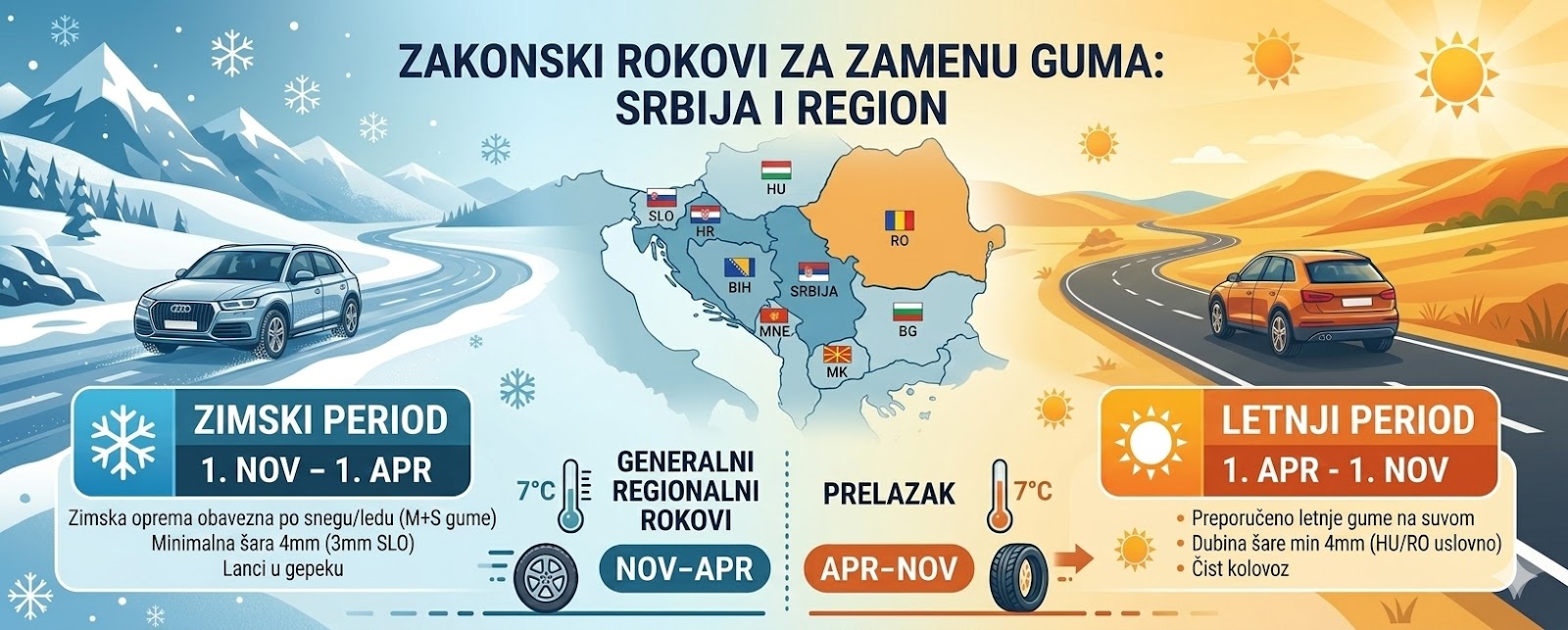 Zakonski rokovi za zamenu letnjih i zimskih guma: Vodič za Srbiju i region